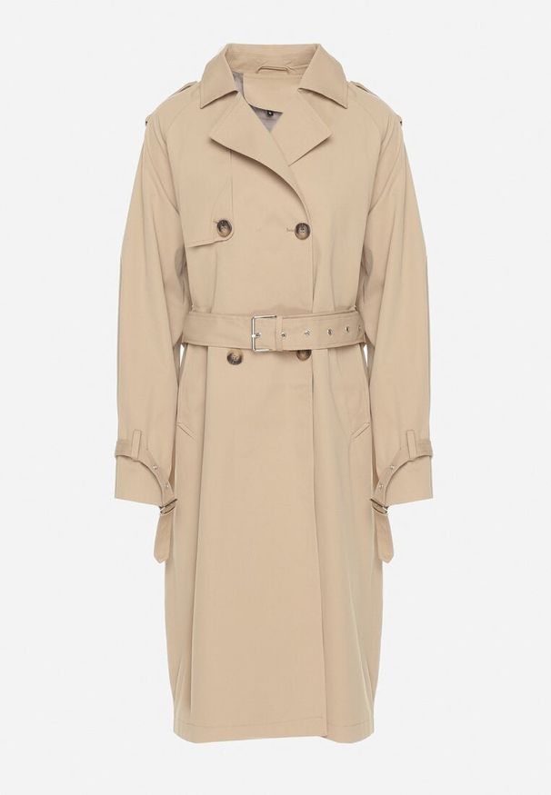 Born2be - Ciemnobeżowy Płaszcz Dwurzędowy Trencz Ozdobiony Paskiem i Pagonami Malwissa. Okazja: na co dzień. Kolor: beżowy. Materiał: jeans. Wzór: aplikacja. Sezon: wiosna, jesień. Styl: casual, elegancki