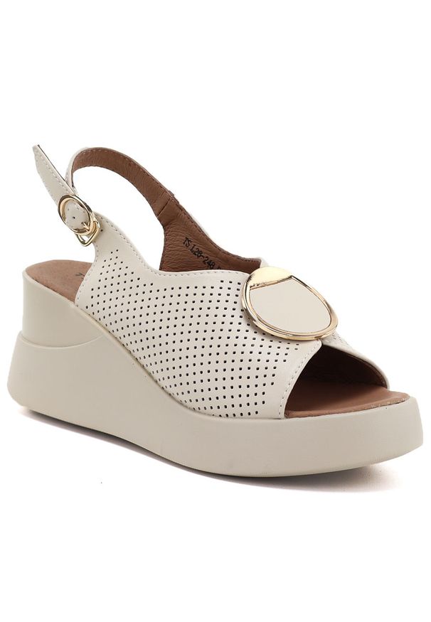 Skórzane sandały damskie na koturnie beżowe T.Sokolski L26-248. Kolor: beżowy. Materiał: skóra. Obcas: na koturnie