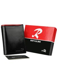 Portfel męski czarny z czerwoną wstawką Ronaldo D1072-VT BLACK-RED. Kolor: czerwony, czarny, wielokolorowy. Materiał: skóra