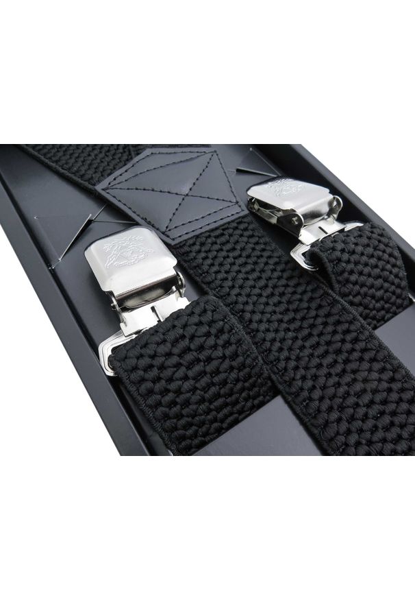 Modini - Szerokie czarne szelki męskie do spodni XL129. Kolor: czarny. Materiał: skóra, guma