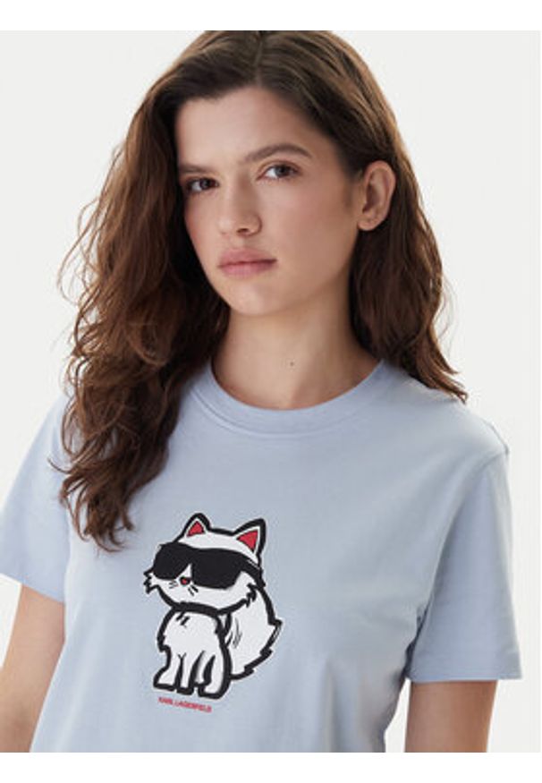 Karl Lagerfeld - KARL LAGERFELD T-Shirt A1W17128 Błękitny Regular Fit. Typ kołnierza: dekolt w karo. Kolor: niebieski. Materiał: bawełna