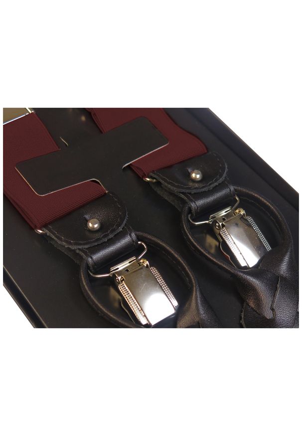 Modini - Bordowe szelki na guziki G6. Kolor: czerwony. Materiał: skóra, guma