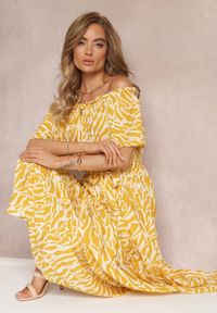 Renee - Żółta Długa Sukienka Hiszpanka z Wiskozy z Gumką w Pasie Channe. Typ kołnierza: dekolt hiszpanka. Kolor: żółty. Materiał: wiskoza. Sezon: lato. Styl: wakacyjny. Długość: maxi #3