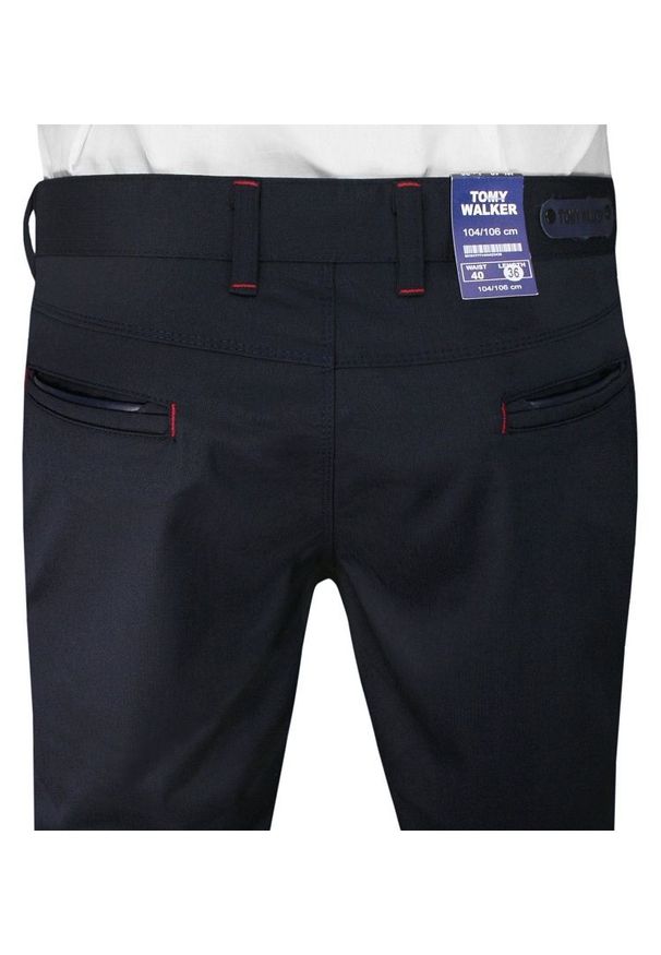 Ciemne Granatowe Garniturowe Męskie Spodnie -Tomy Walker- Zwężane, Chinosy, Eleganckie. Kolor: niebieski. Materiał: wiskoza, poliester, elastan. Styl: elegancki