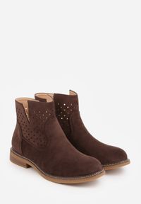 Born2be - Brązowe Płaskie Botki Sztyblety z Ażurowym Wzorem ze Skórzaną Wkładką Terisina. Okazja: na co dzień. Kolor: brązowy. Materiał: skóra. Wzór: ażurowy. Obcas: na obcasie. Styl: casual, elegancki. Wysokość obcasa: niski #3