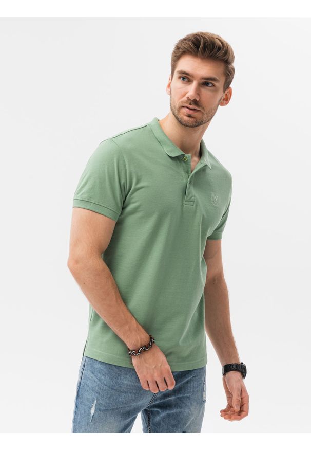 Ombre Clothing - Koszulka męska polo klasyczna bawełniana S1374 - ciemnozielona V - L. Typ kołnierza: polo. Kolor: zielony. Materiał: bawełna. Wzór: haft. Styl: klasyczny