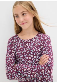 bonprix - Sukienka z prążkowanego dżerseju z bawełny organicznej. Kolor: fioletowy. Materiał: jersey, prążkowany, bawełna. Wzór: kwiaty #3