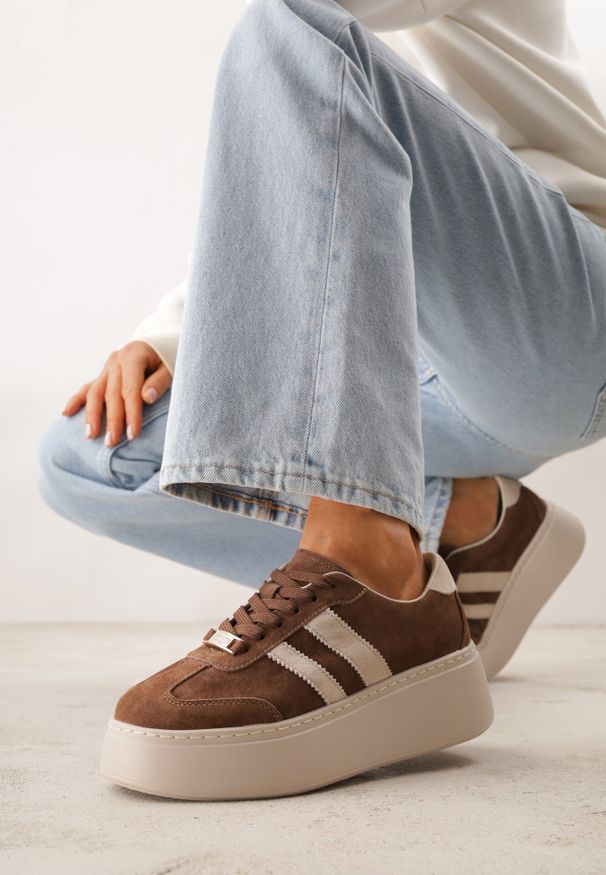 Born2be - Brązowe Skórzane Sneakersy na Grubej Podeszwie z Geometrycznym Wzorem Rivimi. Okazja: na co dzień. Kolor: brązowy. Materiał: skóra. Wzór: geometria