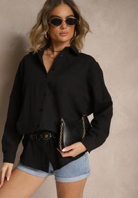 Renee - Czarna Koszula o Fasonie Oversize w Klasycznym Stylu Marionera. Okazja: na co dzień. Kolor: czarny. Materiał: bawełna, materiał. Długość rękawa: długi rękaw. Długość: długie. Styl: klasyczny #4
