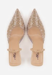 Renee - Ciemnobeżowe Szpilki z Odkrytą Piętą i Transparentnym Noskiem z Cyrkoniami Kalinata. Okazja: na co dzień. Kolor: beżowy. Materiał: jeans, koronka. Wzór: aplikacja. Obcas: na szpilce. Styl: casual, klasyczny, wizytowy #4