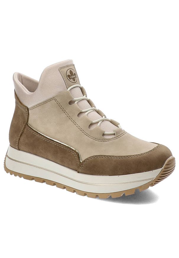 Beżowe Botki Rieker Buty Damskie Na Jesień. Kolor: beżowy. Materiał: jeans. Sezon: jesień. Styl: elegancki