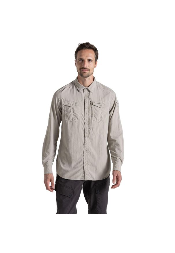 CRAGHOPPERS - Męska Koszula Z Długim Rękawem Adventure III Nosilife. Kolor: beżowy. Długość rękawa: długi rękaw. Długość: długie