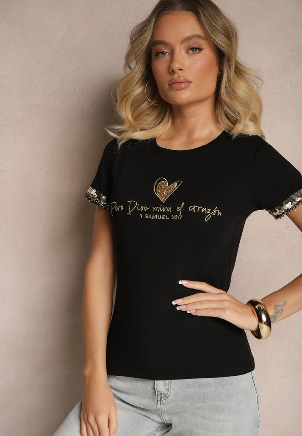 Renee - Czarny T-shirt z Bawełny z Cyrkoniami Arithlin. Okazja: na co dzień. Kolor: czarny. Materiał: bawełna. Wzór: aplikacja. Styl: elegancki, casual