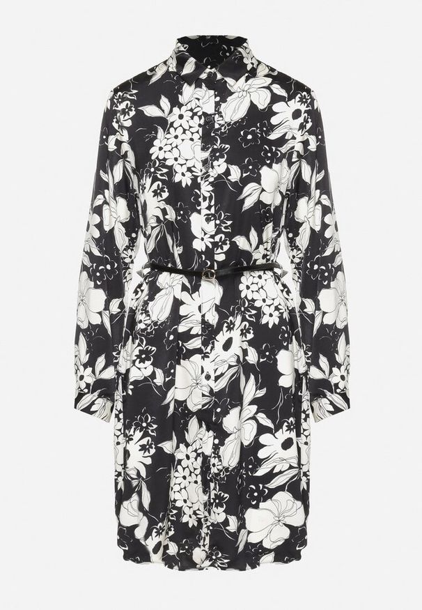 Born2be - Czarna Koszulowa Sukienka z Wiskozą w Kwiatowy Wzór z Dodatkowym Paskiem Ninira. Okazja: na co dzień, na spacer. Kolor: czarny. Materiał: wiskoza. Wzór: kwiaty. Typ sukienki: koszulowe. Styl: casual, klasyczny, elegancki
