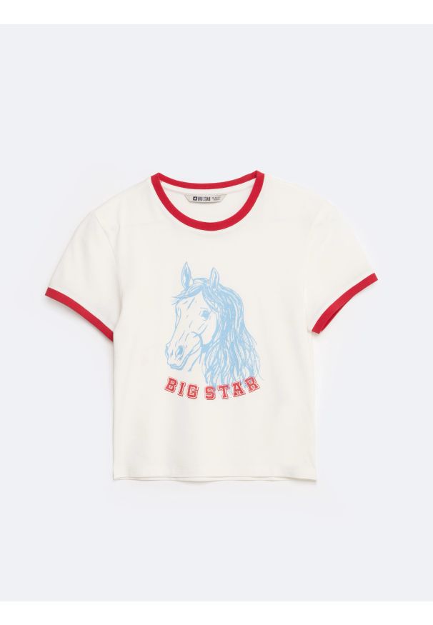 Big-Star - Koszulka dziewczęca z kontrastowym wykoŅczeniem biała Bettara 100. Kolor: biały. Materiał: dzianina, jeans. Długość: krótkie. Wzór: nadruk