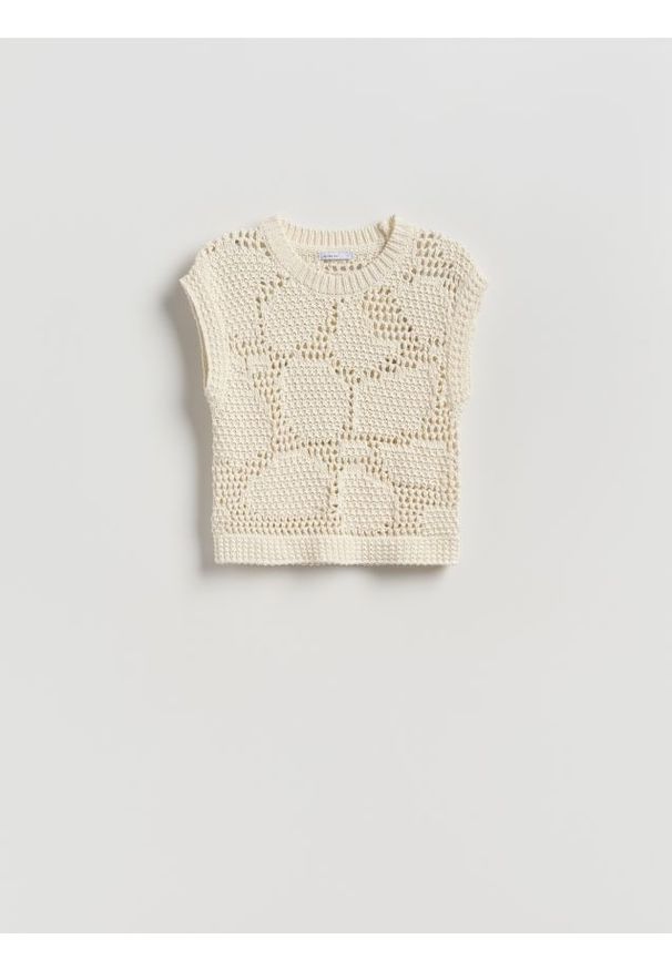 Reserved - Ażurowa kamizelka - kremowy. Kolor: kremowy. Materiał: dzianina, bawełna. Wzór: ażurowy
