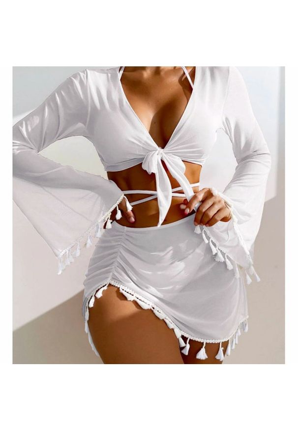 Intica - Komplet bikini z pareo i wielofunkcyjnym topem na plażę Maili. Kolor: biały. Materiał: materiał. Wzór: aplikacja