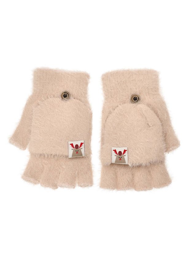 Beżowe Śliczne Rękawiczki Alpaka Damskie Armodo. Kolor: beżowy. Materiał: materiał. Wzór: aplikacja. Sezon: zima. Styl: elegancki