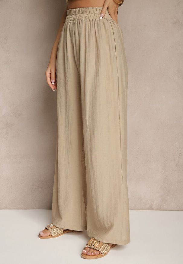 Renee - Ciemnobeżowe Wiskozowe Spodnie Palazzo High Waist z Lnem Linaselia. Okazja: na co dzień. Stan: podwyższony. Kolor: beżowy. Materiał: wiskoza, len. Styl: casual, elegancki