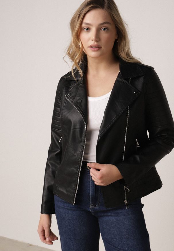 Born2be - Czarna Klasyczna Kurtka Ramoneska w Motocyklowym Stylu Kelmi. Okazja: na co dzień. Kolor: czarny. Materiał: poliester, skóra, jeans. Styl: klasyczny