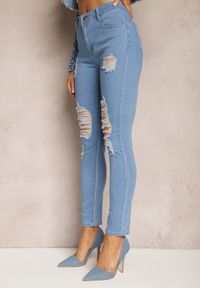 Renee - Niebieskie Jeansy Skinny Push-Up z Przetarciami z Przodu i Suwakiem Randda. Okazja: na co dzień. Kolor: niebieski. Wzór: aplikacja, kolorowy. Styl: klasyczny, elegancki, casual