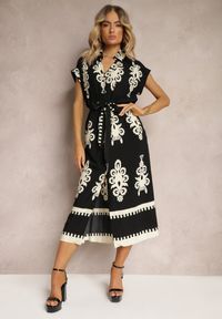 Renee - Czarno-Beżowa Boho Sukienka w Rozkloszowanym Stylu z Materiałowym Paskiem i Guzikami Jori. Okazja: na co dzień, na imprezę. Typ kołnierza: dekolt w kształcie V. Kolor: czarny. Materiał: materiał. Długość rękawa: krótki rękaw. Typ sukienki: proste, rozkloszowane. Styl: boho