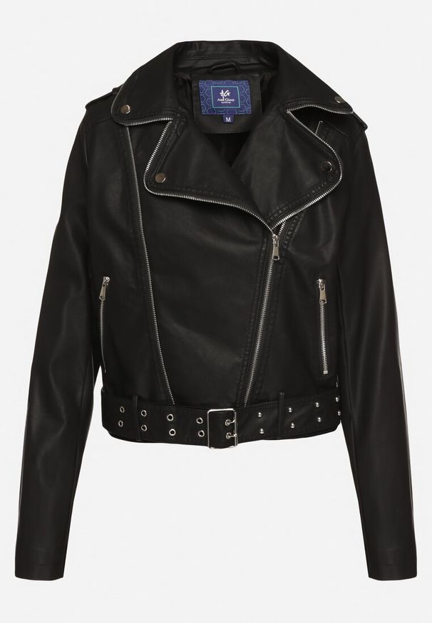 Born2be - Czarna Kurtka Ramoneska z Paskiem z Klamrą Ralvila. Okazja: na co dzień. Kolor: czarny. Materiał: wiskoza, jeans, materiał. Długość rękawa: długi rękaw. Długość: długie. Styl: casual, elegancki, rockowy