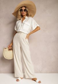 Renee - Jasnobeżowe Spodnie z Szerokimi Prostymi Nogawkami High Waist z Lnem Amivesa. Okazja: do pracy, na spotkanie biznesowe. Stan: podwyższony. Kolor: beżowy. Materiał: len. Styl: biznesowy