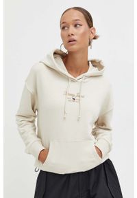 Tommy Jeans bluza damska kolor beżowy z kapturem z nadrukiem. Typ kołnierza: kaptur. Kolor: beżowy. Wzór: nadruk