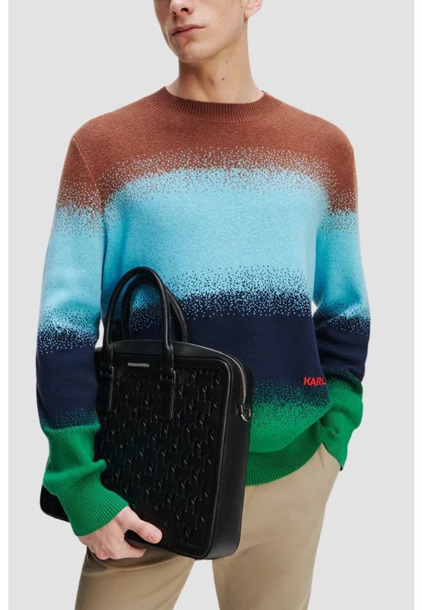 Karl Lagerfeld - KARL LAGERFELD Czarna męska aktówka skórzana z monogramem. Kolor: czarny. Materiał: skóra