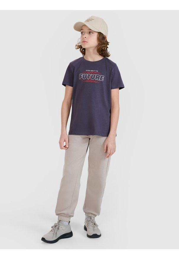 4f - 4F T-shirt regular z nadrukiem chłopięcy - szary 140 (9-10 lat). Okazja: na co dzień. Kolor: szary. Materiał: bawełna, jersey, dzianina. Długość rękawa: krótki rękaw. Długość: krótkie. Wzór: nadruk. Sezon: lato. Styl: sportowy, casual, klasyczny