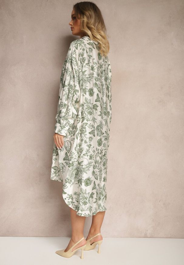 Renee - Zielona Kwiatowa Koszulowa Sukienka z Wiskozy Lisvesia. Okazja: na co dzień. Kolor: zielony. Materiał: wiskoza. Długość rękawa: długi rękaw. Wzór: kwiaty. Typ sukienki: koszulowe. Styl: casual, elegancki