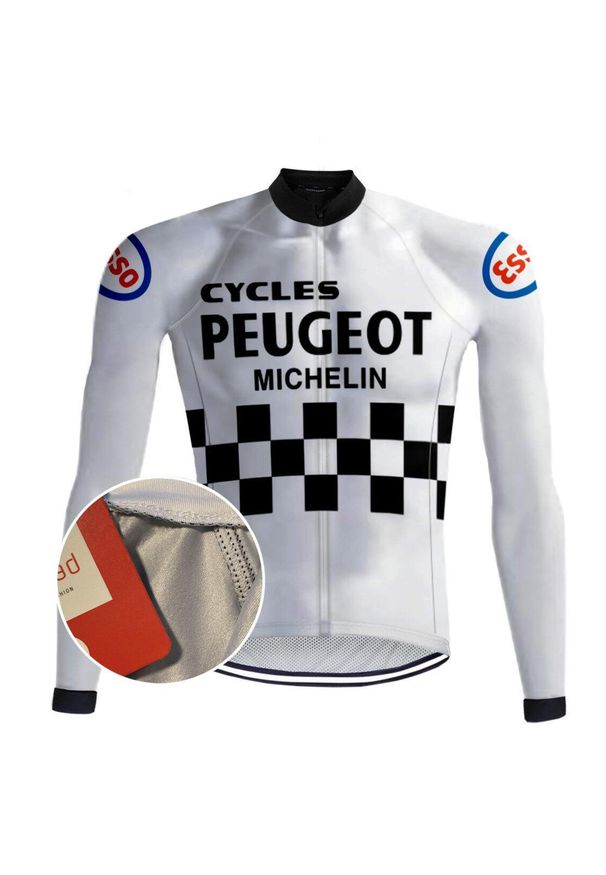 REDTED - Biała Koszulka Rowerowa Vintage Peugeot – Czerwona. Kolor: wielokolorowy, pomarańczowy, czarny. Materiał: poliester