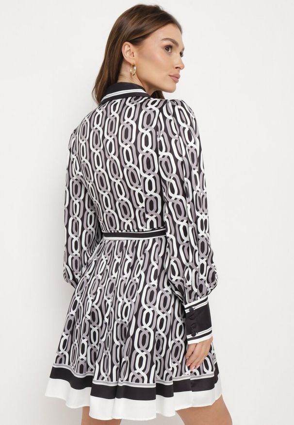 Born2be - Czarno-Biała Mini Koszulowa Sukienka o Rozkloszowanym Fasonie z Paskiem Amburia. Kolor: czarny. Materiał: materiał. Typ sukienki: koszulowe. Długość: mini