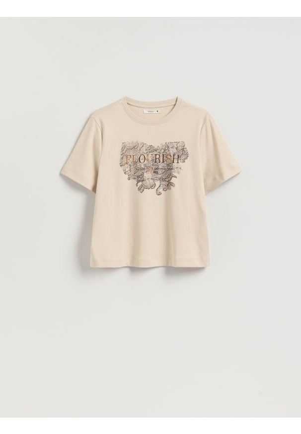 Reserved - Bawełniany t-shirt z nadrukiem - beżowy. Kolor: beżowy. Materiał: bawełna. Wzór: nadruk