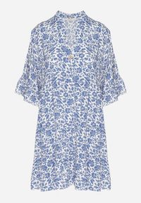 Born2be - Biało-Niebieska Bawełniana Sukienka w Kwiaty o Rozkloszowanym Kroju Jenaleira. Okazja: na co dzień. Typ kołnierza: dekolt w serek. Kolor: biały. Materiał: bawełna. Długość rękawa: krótki rękaw. Wzór: kwiaty. Styl: casual, klasyczny #4