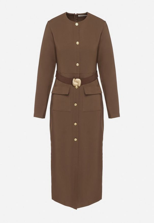 Born2be - Brązowa Elegancka Sukienka z Ozdobnymi Guzikami i Paskiem z Klamrą Esmilea. Okazja: do pracy, na co dzień, na spotkanie biznesowe. Kolor: brązowy. Długość rękawa: długi rękaw. Typ sukienki: proste. Styl: elegancki