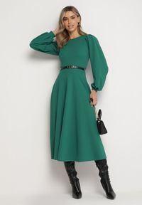 Born2be - Zielona Rozkloszowana Midi Sukienka z Eleganckimi Luźnymi Rękawami Samriddhi. Kolor: zielony. Sezon: jesień, zima. Styl: elegancki. Długość: midi #4