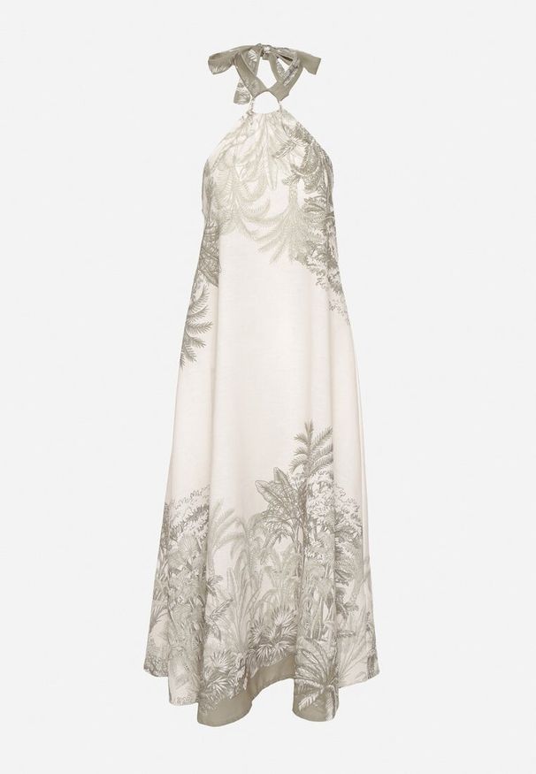 Born2be - Zielona Sukienka z Wiskozą i Motywem Palm z Wiązaniem Izomara. Okazja: na spacer, na co dzień. Kolor: zielony. Materiał: wiskoza. Sezon: lato. Styl: casual, elegancki