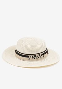 Renee - Jasnobeżowy Kapelusz z Plecionki z Tasiemką i Napisem Kollasea. Kolor: beżowy. Wzór: napisy. Sezon: lato, wiosna. Styl: elegancki, casual