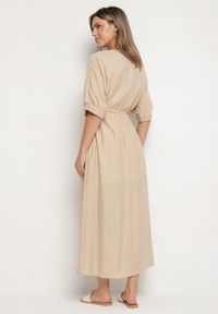 Born2be - Beżowa Wiskozowa Sukienka z Ażurową Lamówką Aravellea. Okazja: na co dzień. Typ kołnierza: dekolt w serek. Kolor: beżowy. Materiał: wiskoza. Wzór: ażurowy. Styl: casual, elegancki #5