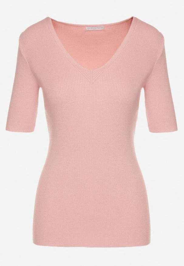 Born2be - Różowa Prążkowana Bluzka z Dekoltem w Serek Unenisa. Okazja: na co dzień. Typ kołnierza: dekolt w serek. Kolor: różowy. Materiał: prążkowany. Długość rękawa: krótki rękaw. Długość: krótkie. Styl: casual