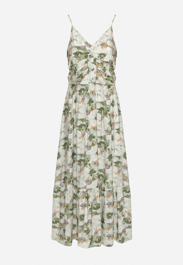 Born2be - Jasnozielona Sukienka w Kwiaty na Regulowanych Ramiączkach z Rozcięciami i Ozdobnymi Guzikami Dimllie. Okazja: na co dzień. Typ kołnierza: dekolt w serek. Kolor: zielony. Długość rękawa: na ramiączkach. Wzór: kwiaty. Typ sukienki: rozkloszowane. Styl: casual, elegancki