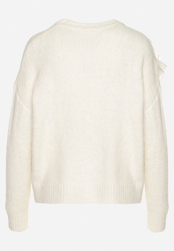 Born2be - Jasnobeżowy Sweter z Wełną i Kwiecistą Aplikacją z Perłami Lentinnia. Okazja: do pracy. Kolor: beżowy. Materiał: wełna. Długość rękawa: długi rękaw. Długość: długie. Wzór: aplikacja. Styl: elegancki, klasyczny