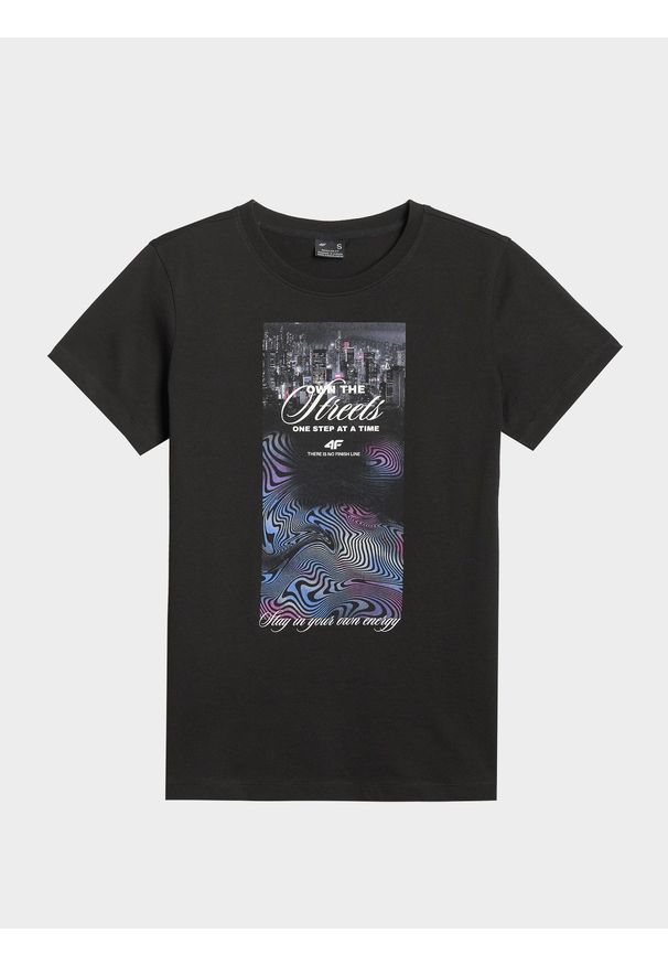 4f - 4F T-shirt regular z nadrukiem damski - czarny M. Okazja: na co dzień. Kolor: czarny. Materiał: dzianina, bawełna, dresówka, jeans. Wzór: nadruk. Styl: casual, klasyczny
