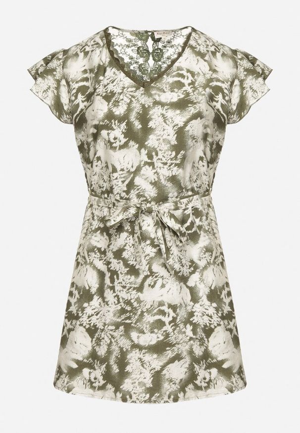 Born2be - Zielona Sukienka z Wiskozy i Lnu Pudełkowa z Wiązaniem w Talii w Abstrakcyjny Wzór Toleira. Typ kołnierza: dekolt w kształcie V. Kolor: zielony. Materiał: wiskoza, len. Długość rękawa: krótki rękaw