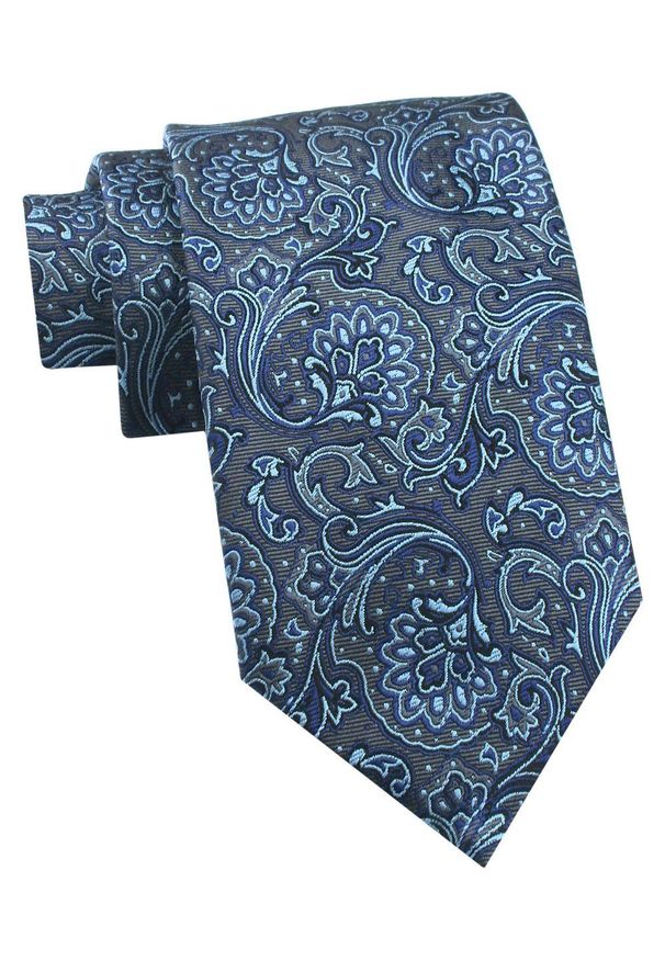 Krawat Męski - Chattier - Szary z Niebieskim, Duże Kwiaty. Kolor: niebieski. Materiał: tkanina. Wzór: kwiaty. Styl: klasyczny, wizytowy, elegancki