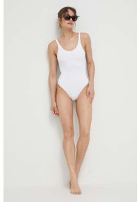 Trussardi Jeans - Trussardi jednoczęściowy strój kąpielowy kolor biały miękka miseczka. Kolor: biały. Materiał: materiał #4