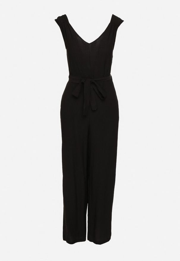 Born2be - Czarny Wiskozowy Kombinezon na Ramiączkach z Materiałowym Paskiem i Gumkami w Talii Zadia. Kolor: czarny. Materiał: wiskoza, materiał. Długość rękawa: na ramiączkach