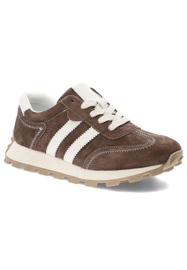 Sneakersy damskie S.Barski, sportowy fason sznurowanie stabilna podeszwa dobra przyczepność wygodna konstrukcja miękkie wnętrze, brązowe, LR61-7097. Okazja: na co dzień. Zapięcie: sznurówki. Kolor: brązowy. Materiał: jeans, zamsz. Szerokość cholewki: normalna